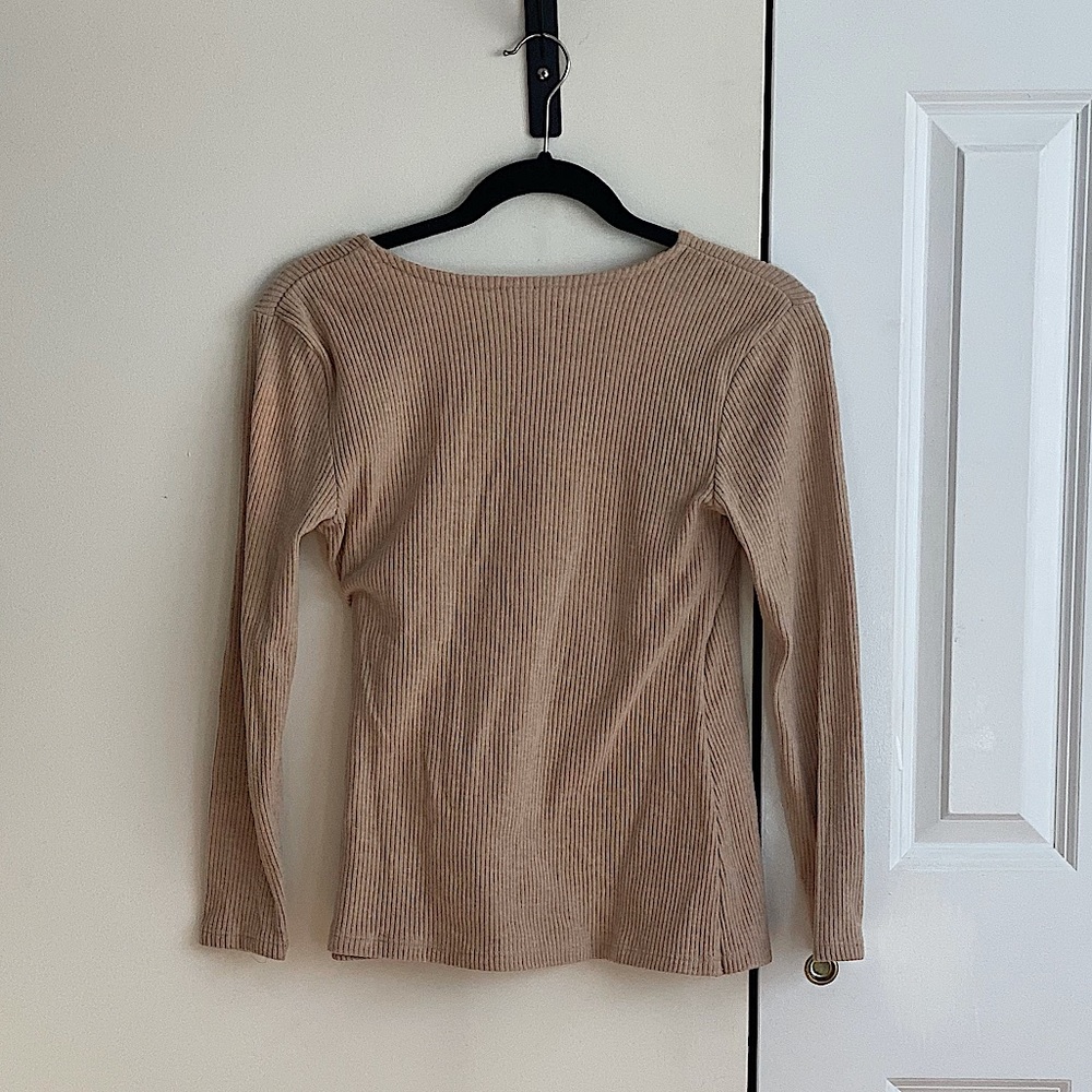 Tan Long Sleeve Ribbed Wrapped Blouse - Picture 2 of 4